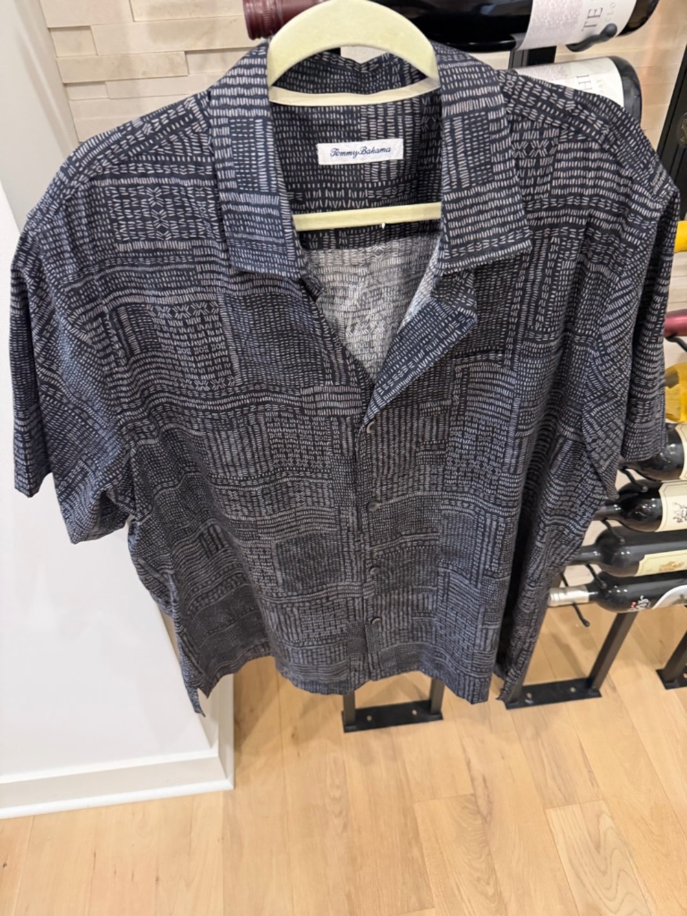 Tommy Bahama Navy and Black Geometric Short-Sleeve Camp Shirt